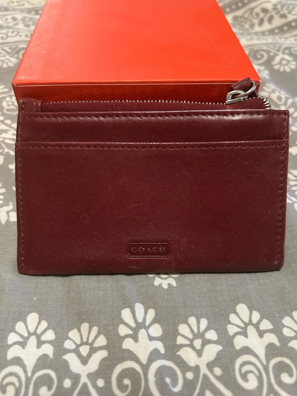 Coach Deep Burgundy Leather Card Holder with Zip Pocket